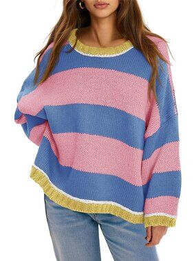 Women's Pink Blue Striped Oversized Sweater Color Block Crewneck Knit Pullover